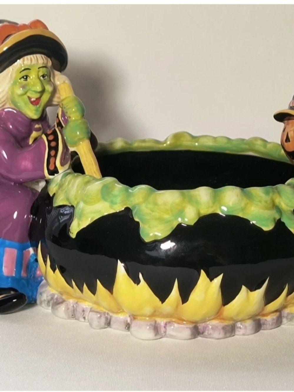 Hand-Painted Halloween Witch Candy Bowl - Black and Green